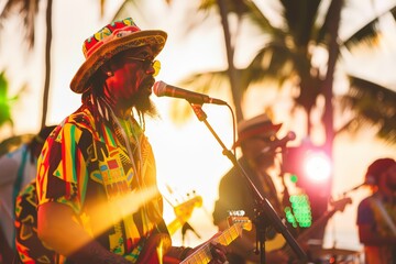 Reggae Band Performing Live On Outdoor Stage At Sunset