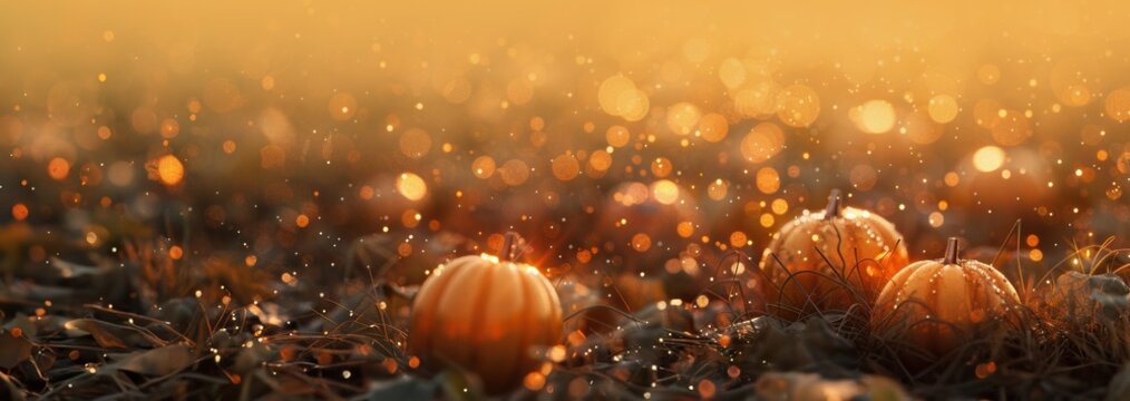 Pumpkin in meadow, out of focus orange gourds, cucurbits with golden bokeh. Romantic setting of Jack-O-Lantern outdoors. Seasonal greetings in orange color.