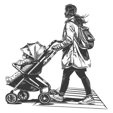 Woman Pushing a Baby Stroller Across a Crosswalk