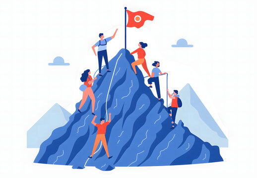 illustration of people climbing a mountain with a flag