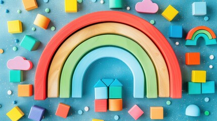 Colorful wooden rainbow and blocks on a baby s toy background viewed from the top