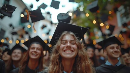Obraz premium Group of Cheerful Students Throwing Graduation Hats