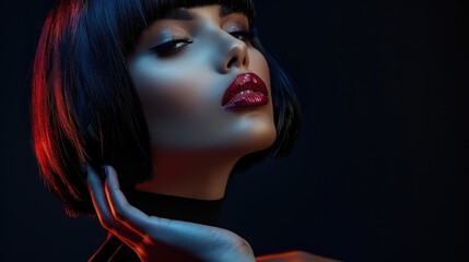 Obraz premium Fashion portrait of beautiful girl with black hair and nails.