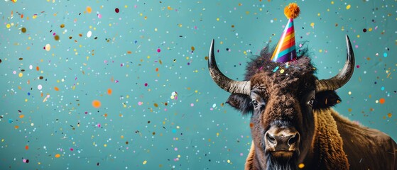 Bison with party hat, teal background, confetti in the air, celebratory mood