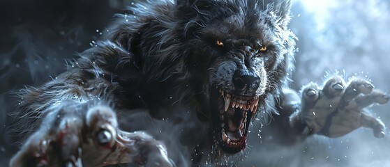 Ferocious werewolf reaching out, intense closeup
