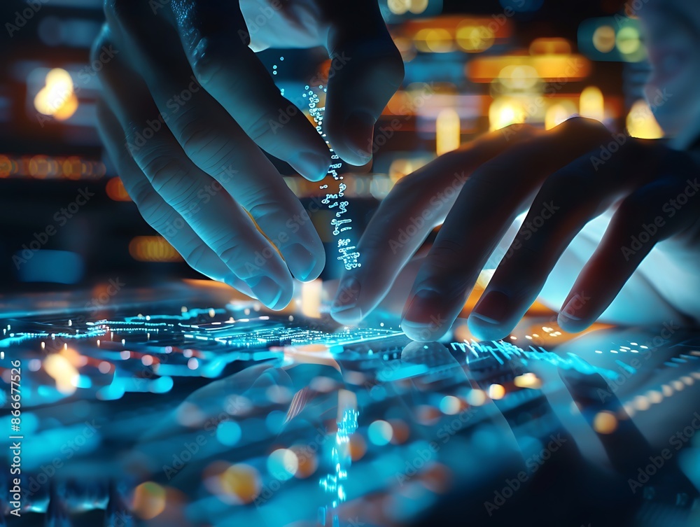 Poster hands interacting with holographic interface