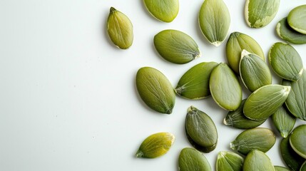 Green pumpkin seeds without shells on white background Concept of nutritious food Top view Room for text
