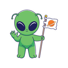 Cute alien holding flag Cartoon Vector