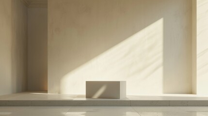 White Cube Platform in a Modern Minimalist Room With Sunlight