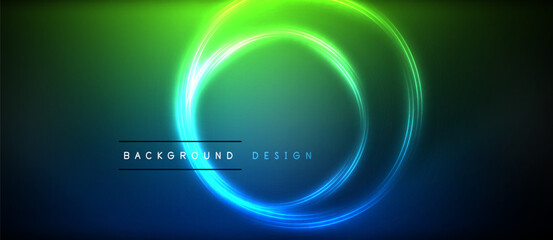 Neon glowing circle rays, light round lines in the dark, planet style neon wave lines. Energetic electric concept design for wallpaper, banner, background