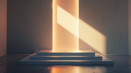 Three Concrete Steps Lit By Warm Afternoon Sunlight In A Minimalist Modern Room