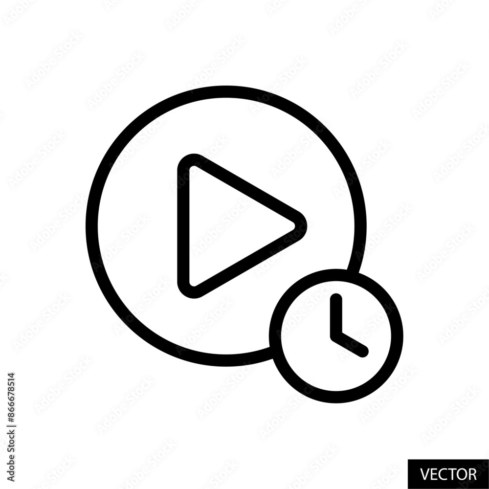 Poster play button in circle with clock sign, play time vector icon in line style design for website, app, 