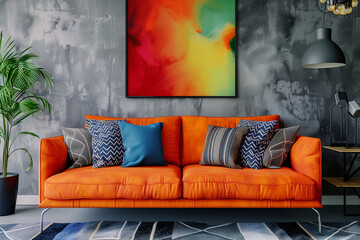 modern living room with orange sofa