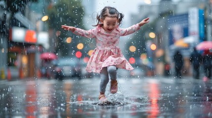 A joyful child plays in a rainy urban street with city buildings, representing innocence, joy, and carefree moments