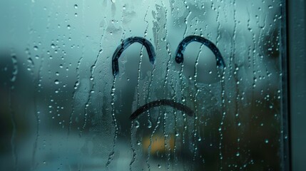 Sad unhappy face drawn on fogged glass on a wet rainy grey window