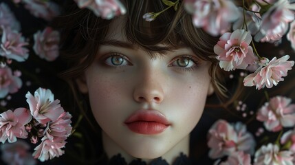 Naklejka premium The face of a beautiful woman, beautiful eyes, and flowers around her. Spring fashion model face concept