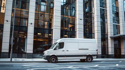 Fototapeta premium Urban logistics: A delivery van parked outside a modern office building, symbolizing efficient home and office delivery services in the city