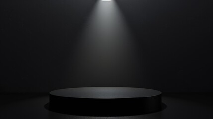 Black Circular Platform Illuminated by Spotlight in a Dark Studio