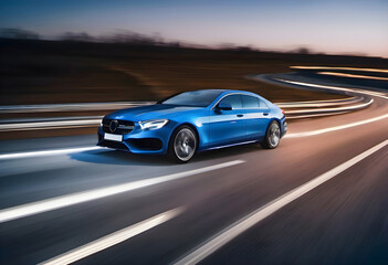 Fototapeta premium Car on the road rides at speed in the evening with motion blur background, extreme