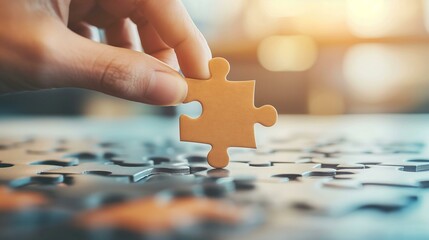 Hand Placing Last Piece of Jigsaw Puzzle in Strategic Management Concept