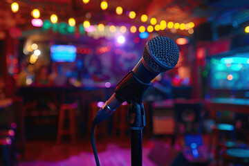 Microphone set up in a vibrant and colorful bar, ready for a live performance under dim, atmospheric lighting, blurred background