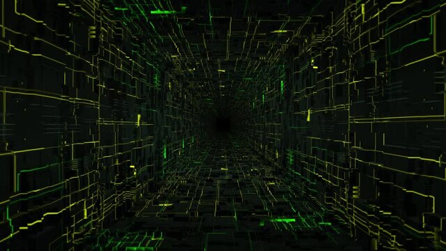 Futuristic background with flying through abstract technology tunnel with glowing green and yellow neon pattern on the walls. 3D animation of bright digital corridor with power signal lines. 4k 60fps