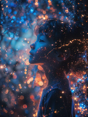 Fototapeta premium Portrait of girl in magical glowing field at night