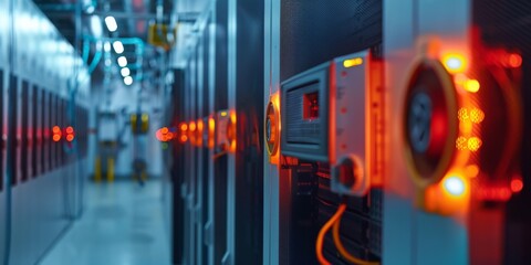 a server room with overheating equipment, fans working at full capacity, and warning lights indicating high temperatures