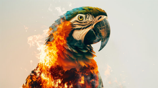 parrot double exposure with a burning jungle, concept of species extinction through slash-and-burn agriculture, created with generative AI technology