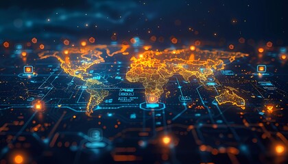 Obraz premium Cross-Border Data Transfer Compliance, global map with icons of data flows, international data transfer agreements, 