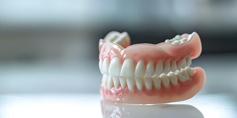 Closeup photo of white upper and lower plastic dentures for healthcare. Concept Healthcare Products, Medical Devices, Denture Photography