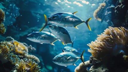flock of tuna fish in magical deep sea photography