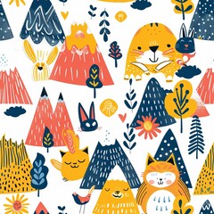 Colorful cats and rabbits in a mountainous landscape Seamless pattern