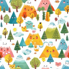 Colorful cartoon mountain landscape with smiling faces Seamless pattern