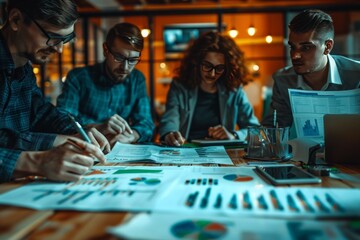 Fototapeta premium Teammembers working together to analyze colorful charts and graphs on a table during a collaborative meeting