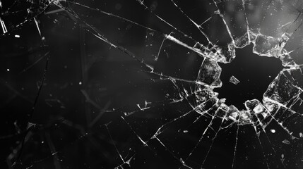 Abstract black background with broken glass texture and bullet hole.