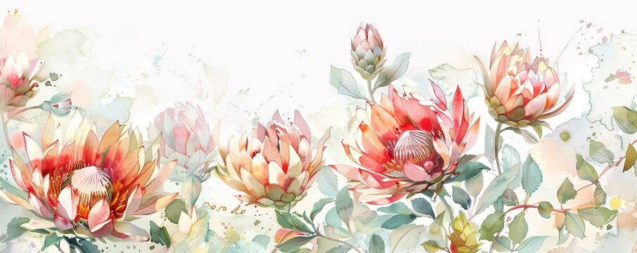 Vibrant protea flower watercolor painting with delicate brushstrokes and subtle color variations, adding natural charm
