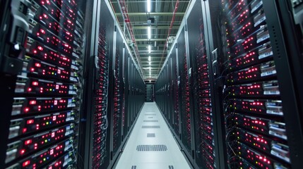 Internet data center s hardware storage rack filled with numerous SSD drives