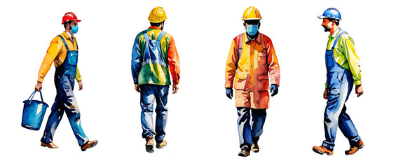 Fototapeta premium Set of images of workers, builders made with watercolor paints, on a transparent background