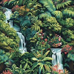Obraz premium Lush tropical rainforest waterfall scene with vivid green foliage and colorful flowers Seamless pattern