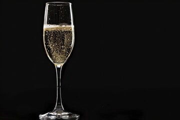 champagne in wineglass on a black background.Saved clipping path.