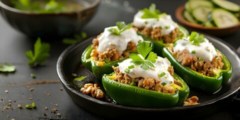 Poblano peppers filled with picadillo topped with walnut cream sauce. Concept Mexican Cuisine, Stuffed Peppers, Walnut Cream Sauce, Picadillo Recipe, Poblano Peppers