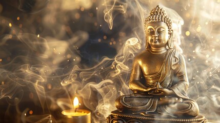 Golden Buddha statue in serene meditation pose, surrounded by incense smoke, representing peace and enlightenment in Buddhism, perfect for cultural and spiritual contexts