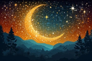Naklejka premium a sparkling, starry night sky with a glowing crescent moon, set against a backdrop of silhouetted mountains and pine trees, all bathed in warm, magical colors