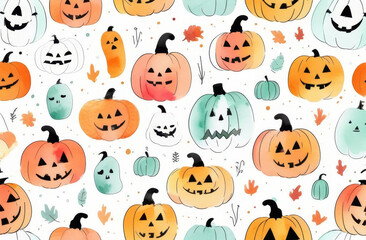 Fototapeta premium collection of cute pumpkins watercolor with face jack o lantern