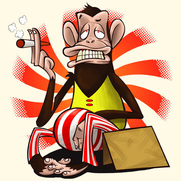 ilustracion de simio vagabundo pidiendo monedas