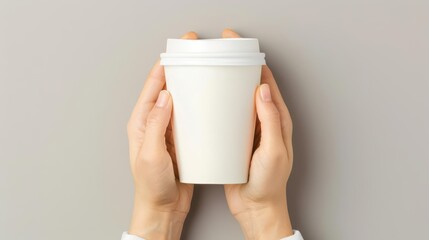 Hands holding a white paper coffee cup against a gray background. Perfect for coffee, takeaway, and beverage-related themes and subjects.