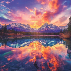 Vibrant Sunset Reflection Over Mountain Lake Generative ai