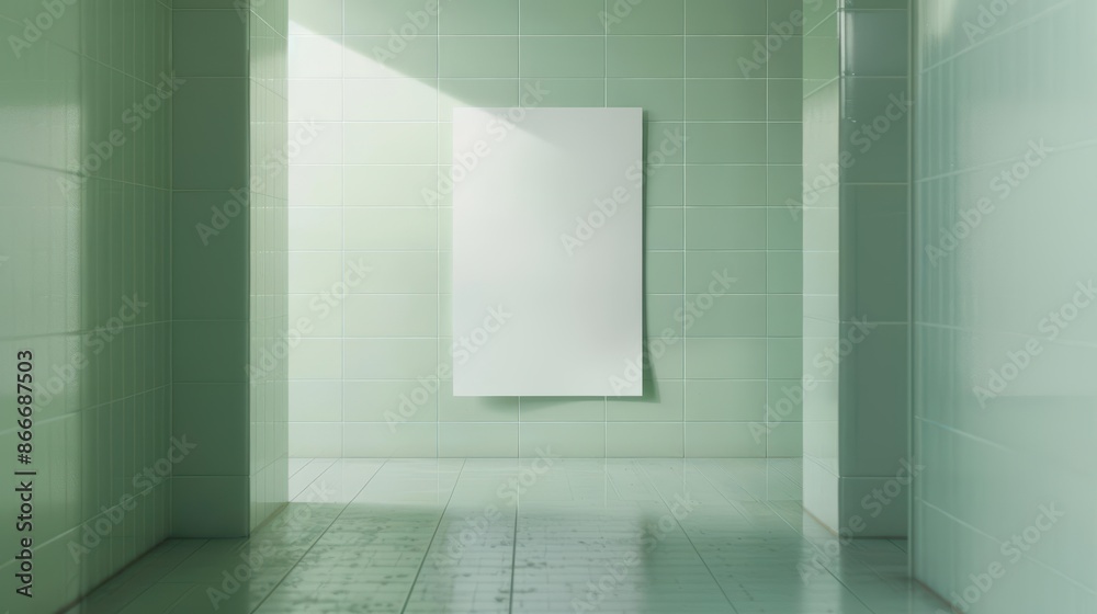 Poster minimalist green-tiled corridor with a blank white poster on the wall, illuminated by natural light 