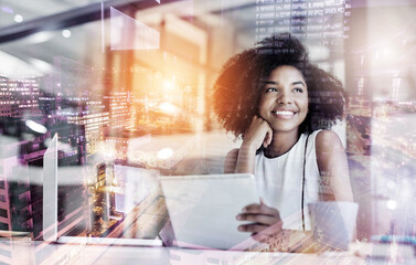 Double exposure, black woman and happy in office with tablet for online research, email and...